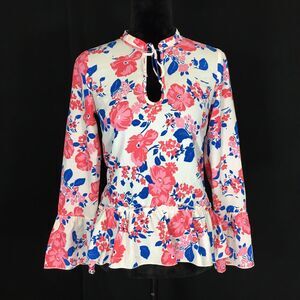 Corsage Top XS White Blue Pink Salmon High Neck Keyhole Bow Tie Bell Sl Tunic LN